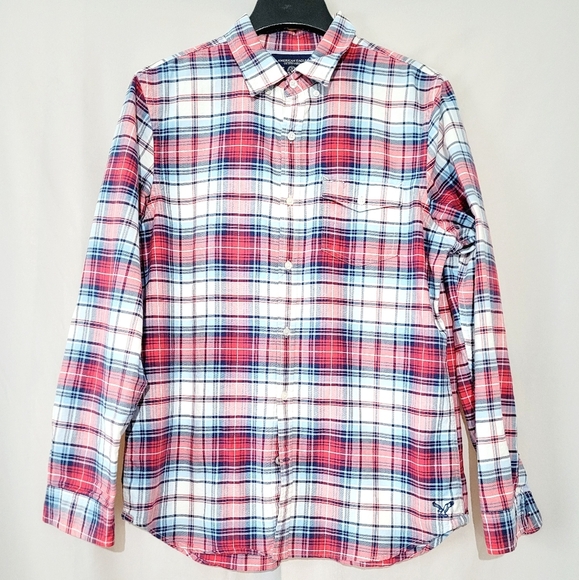 American Eagle Mens Size Large Slim Fit Button Up Plaid Dress Shirt 100% Cotton - Picture 1 of 8
